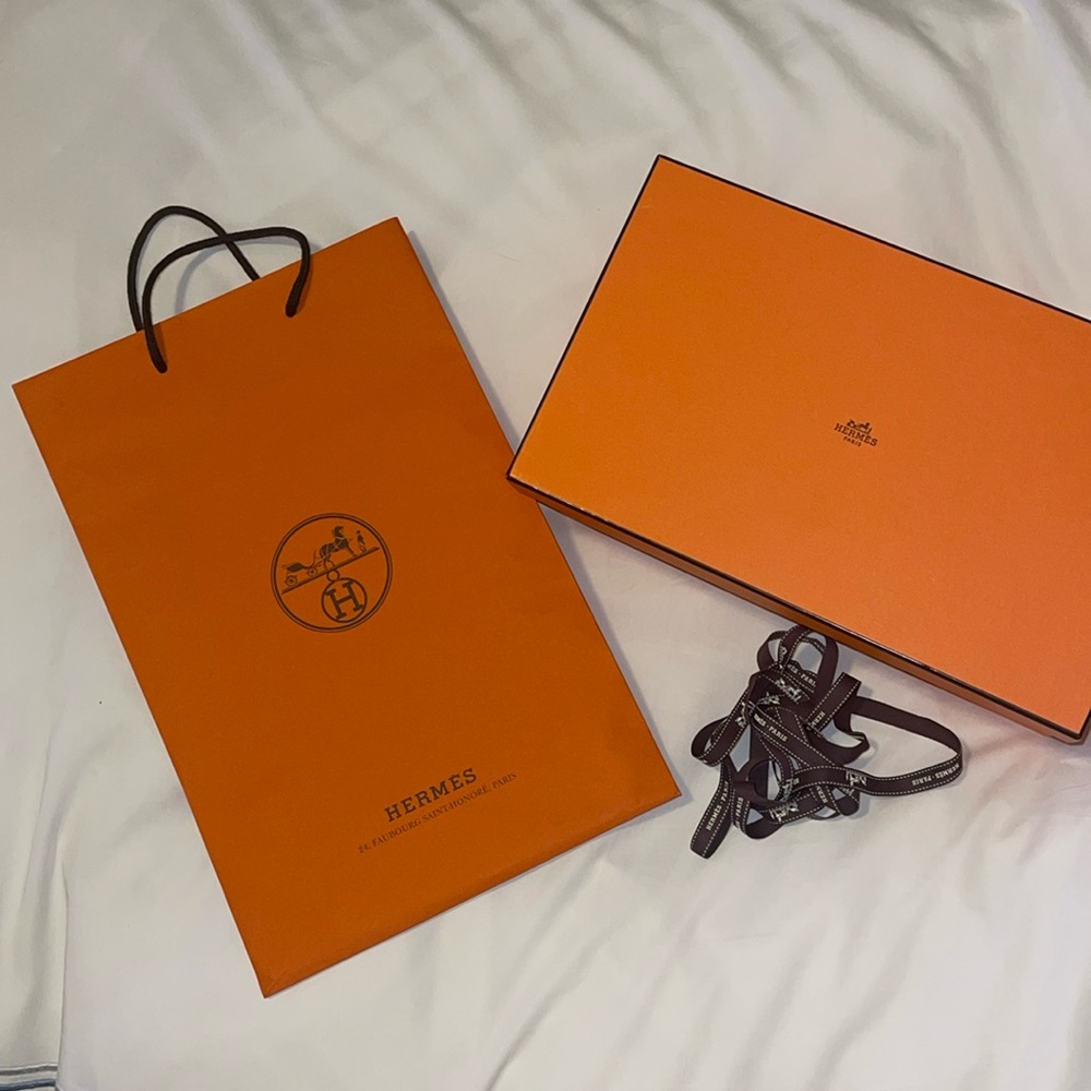 Hermes shoebox, bag, and ribbon